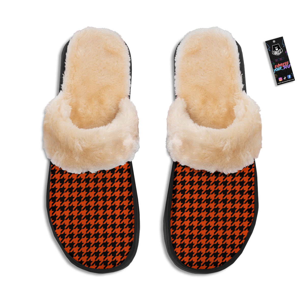 Houndstooth Black And Orange Print Slippers-grizzshop