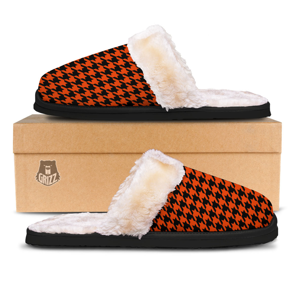 Houndstooth Black And Orange Print Slippers-grizzshop