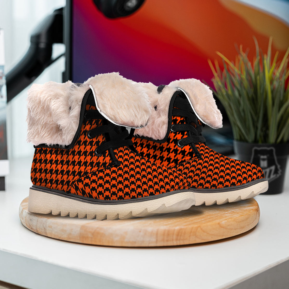 Houndstooth Black And Orange Print Snow Boots-grizzshop