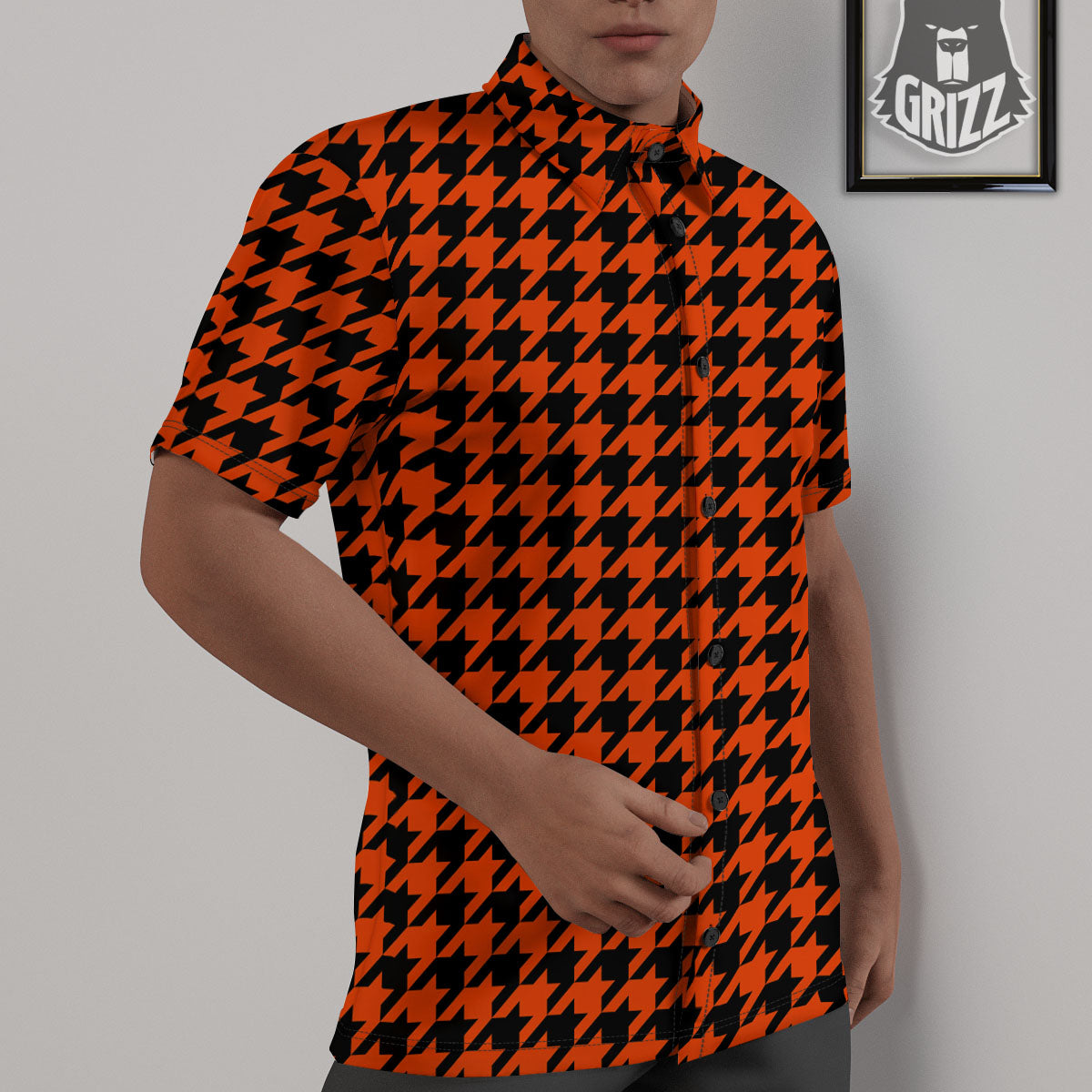 Houndstooth Black And Orange Print Untucked Shirts-grizzshop