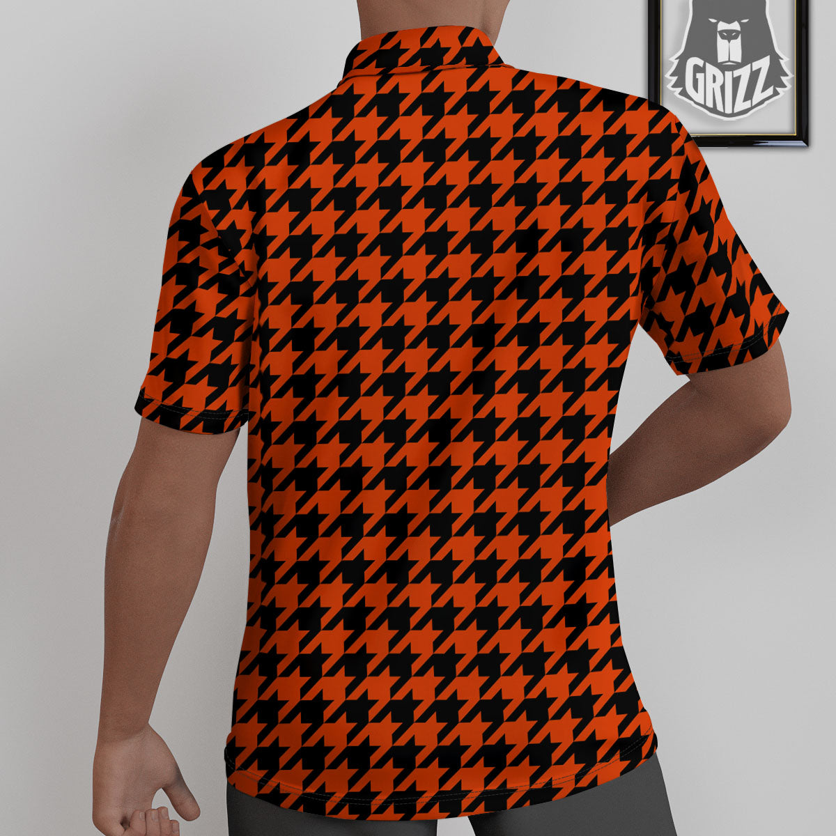 Houndstooth Black And Orange Print Untucked Shirts-grizzshop