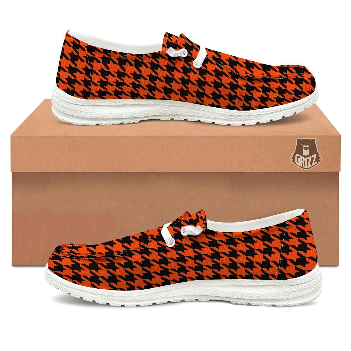 Houndstooth Black And Orange Print White Loafers-grizzshop