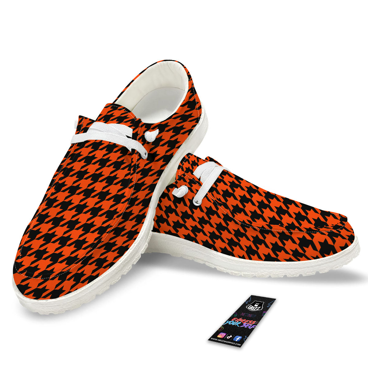 Houndstooth Black And Orange Print White Loafers-grizzshop