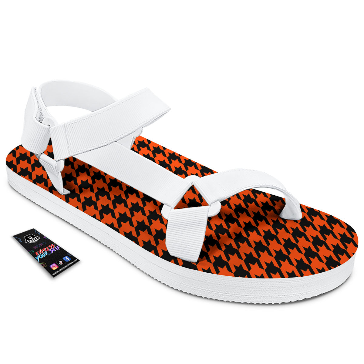 Houndstooth Black And Orange Print White Open Toe Sandals-grizzshop