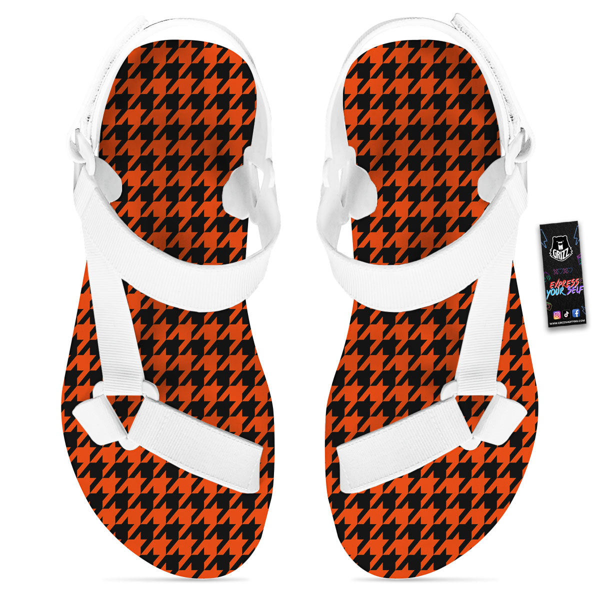 Houndstooth Black And Orange Print White Open Toe Sandals-grizzshop