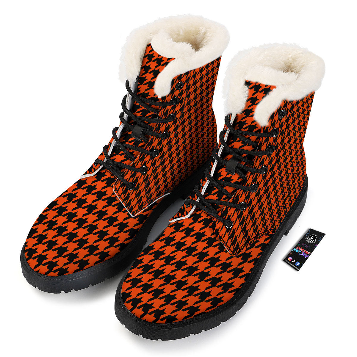 Houndstooth Black And Orange Print Winter Boots-grizzshop