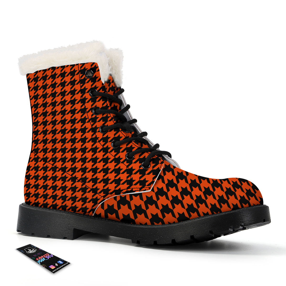 Houndstooth Black And Orange Print Winter Boots-grizzshop