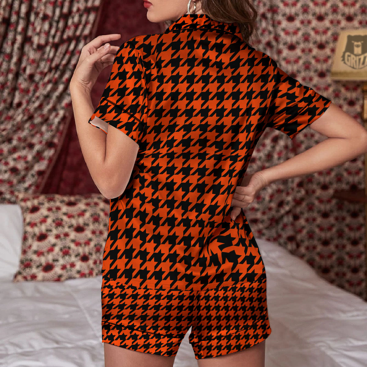 Houndstooth Black And Orange Print Women Silk Pajamas-grizzshop