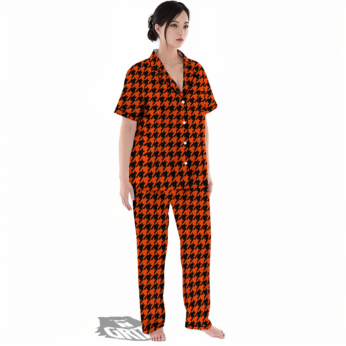 Houndstooth Black And Orange Print Women's Pajamas Set-grizzshop