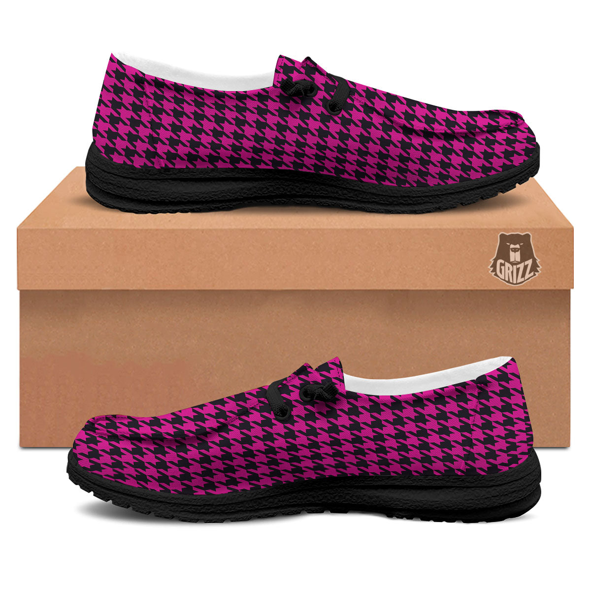 Houndstooth Black And Pink Magenta Print Black Loafers-grizzshop