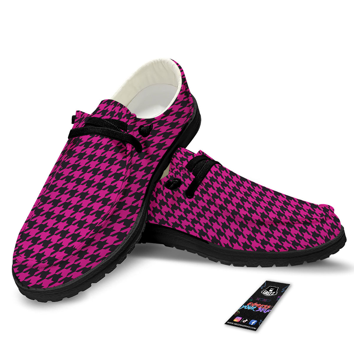 Houndstooth Black And Pink Magenta Print Black Loafers-grizzshop