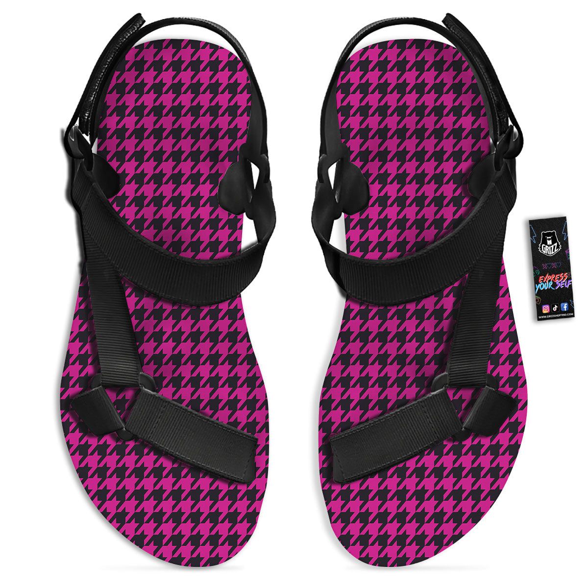 Houndstooth Black And Pink Magenta Print Black Open Toe Sandals-grizzshop
