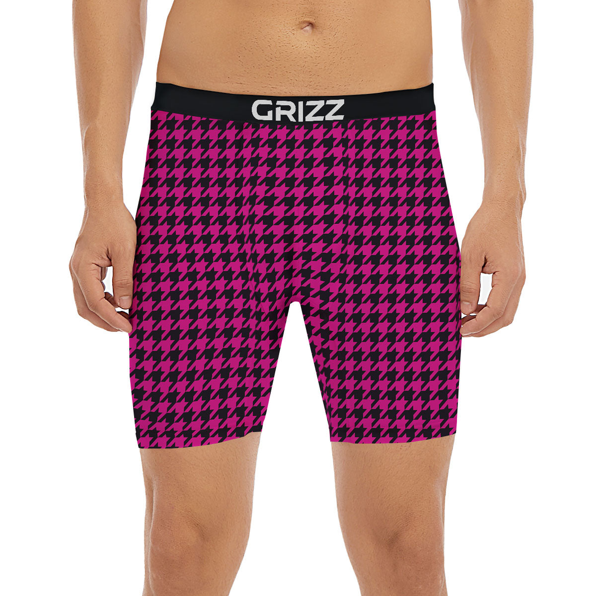 Houndstooth Black And Pink Magenta Print Boxer Briefs-grizzshop