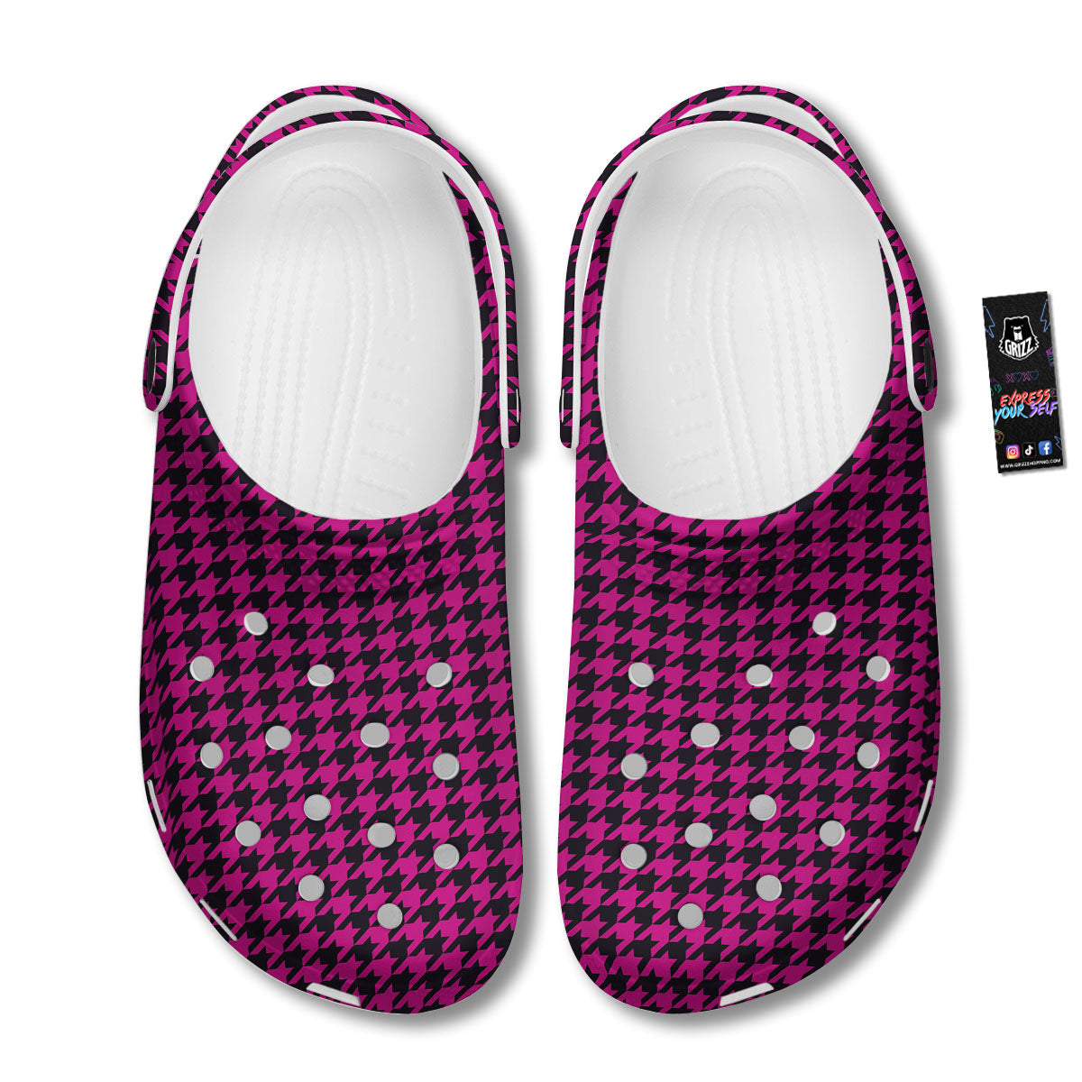 Houndstooth Black And Pink Magenta Print Clog-grizzshop
