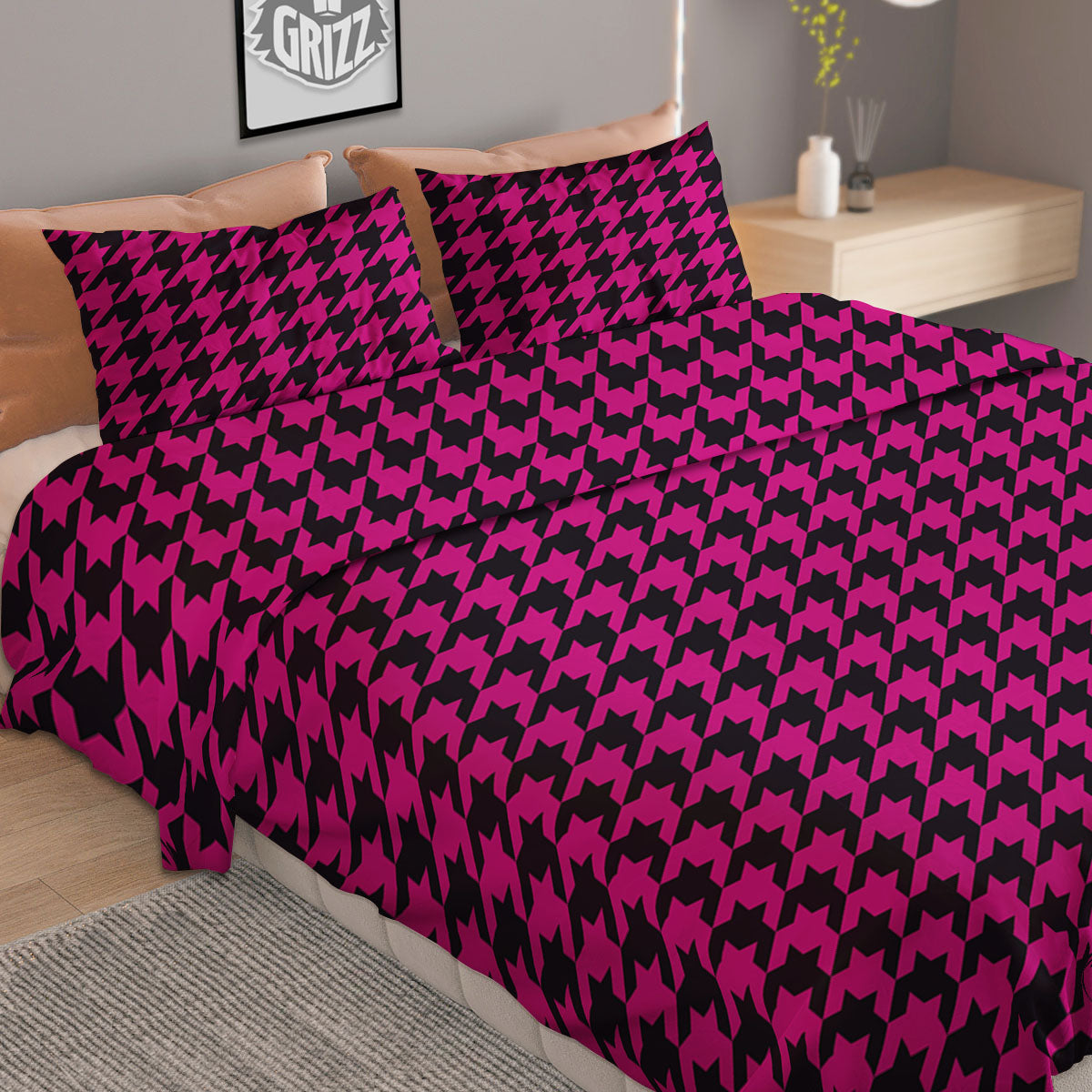 Houndstooth Black And Pink Magenta Print Duvet Cover Bedding Set