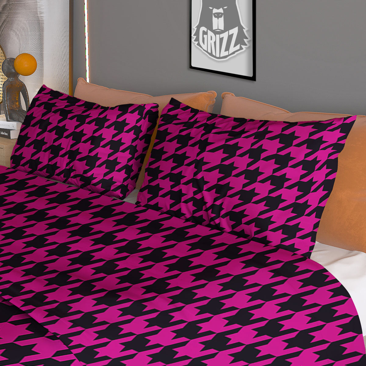 Houndstooth Black And Pink Magenta Print Duvet Cover Bedding Set
