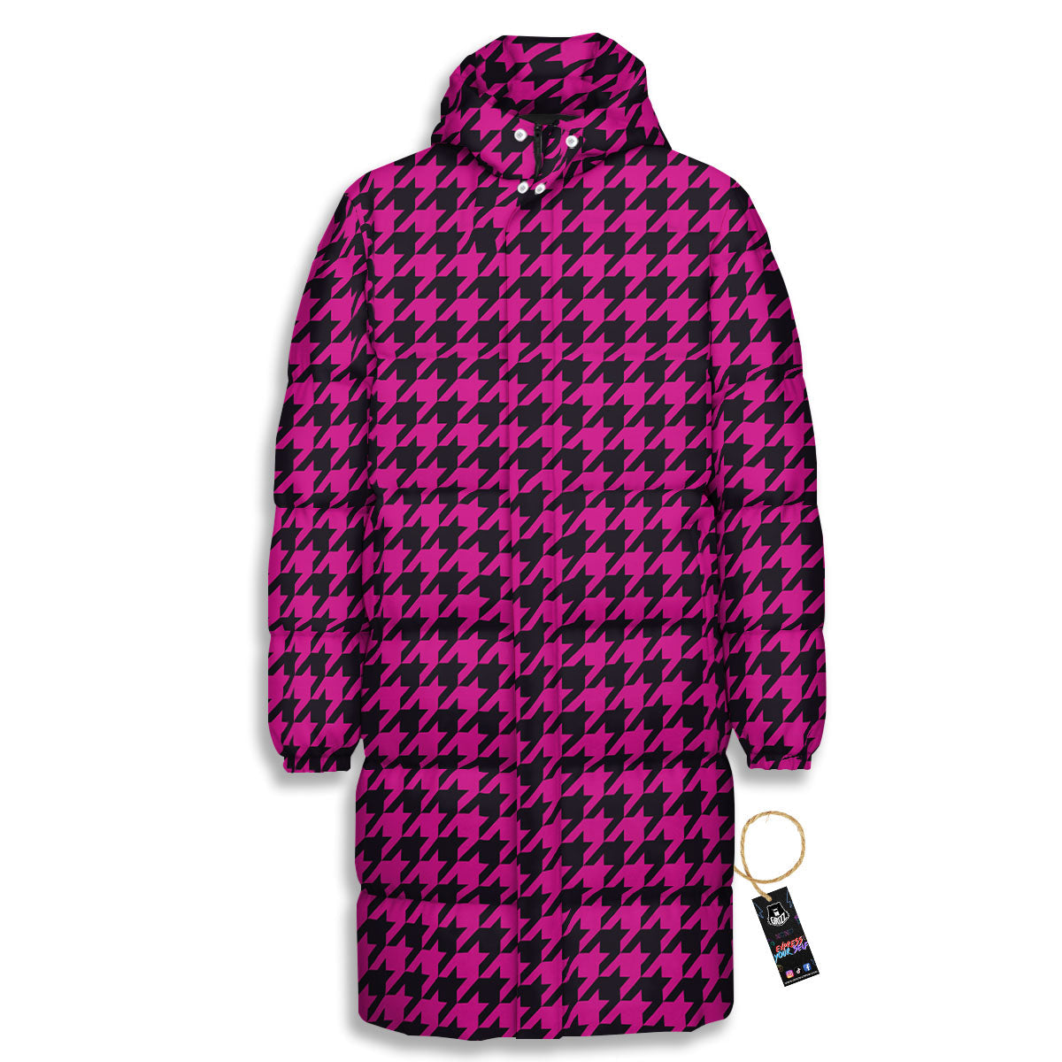 Houndstooth Black And Pink Magenta Print Long Down Jacket-grizzshop