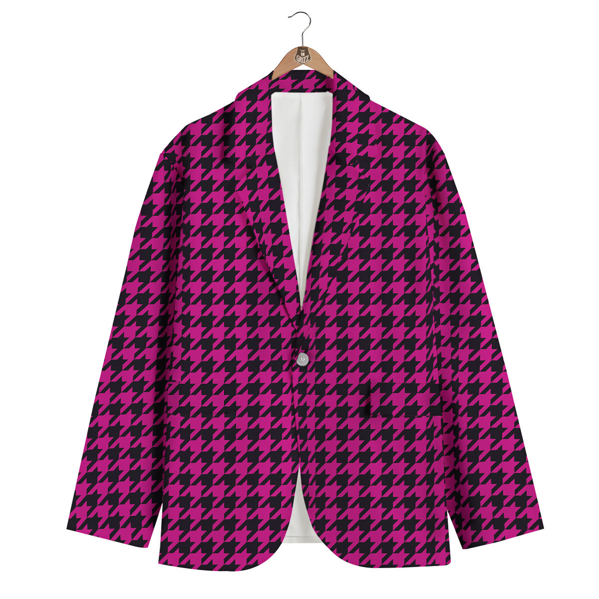 Houndstooth Black And Pink Magenta Print Men's Blazer-grizzshop