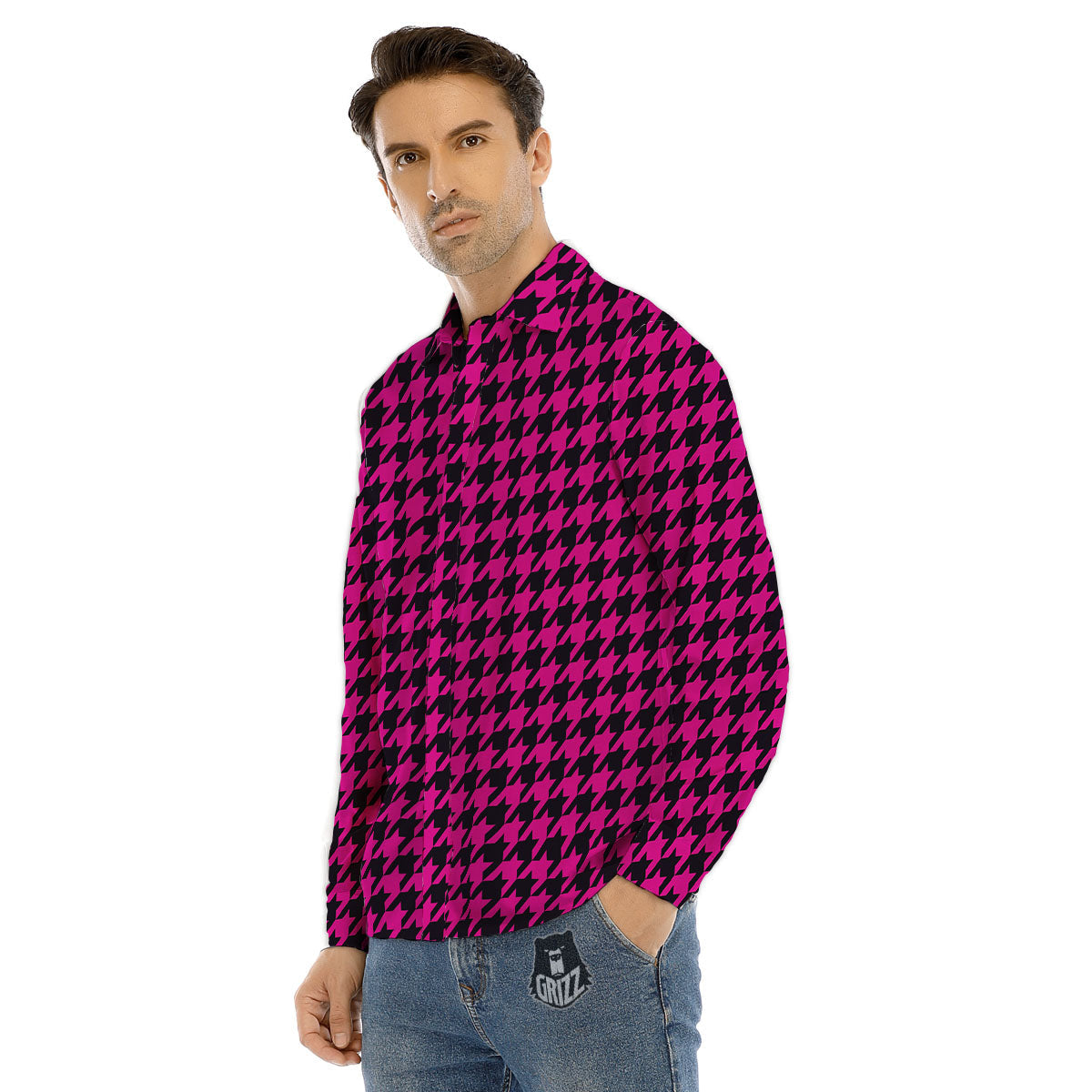 Houndstooth Black And Pink Magenta Print Men's Dress Shirts-grizzshop