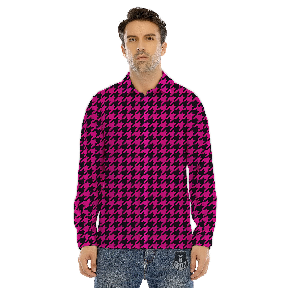 Houndstooth Black And Pink Magenta Print Men's Dress Shirts-grizzshop