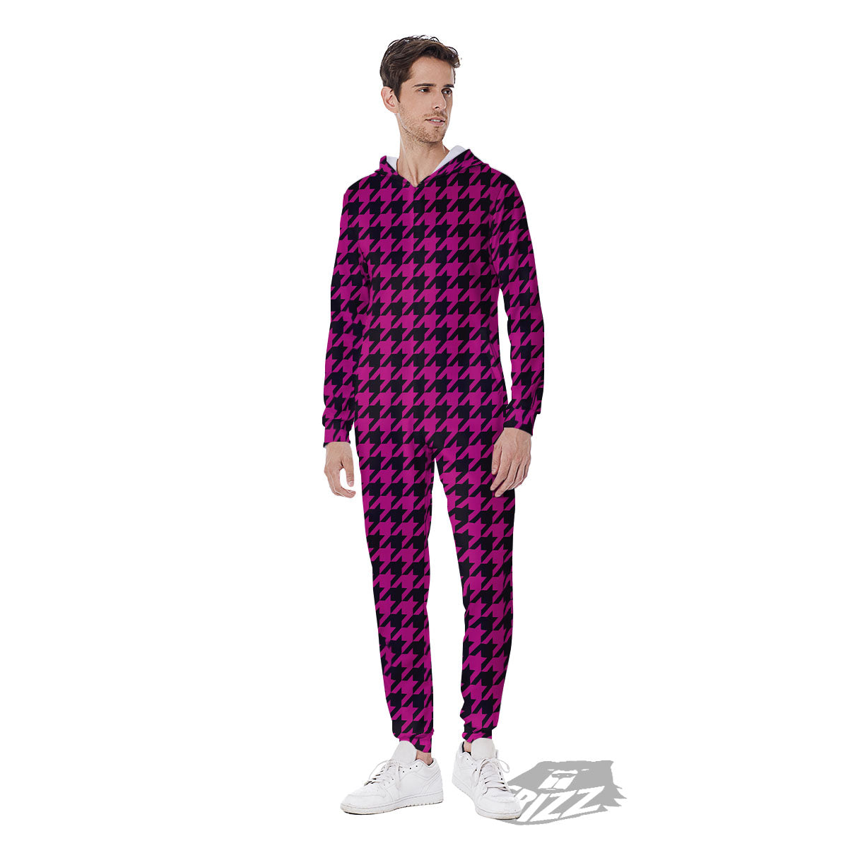 Houndstooth Black And Pink Magenta Print Men's Jumpsuit-grizzshop