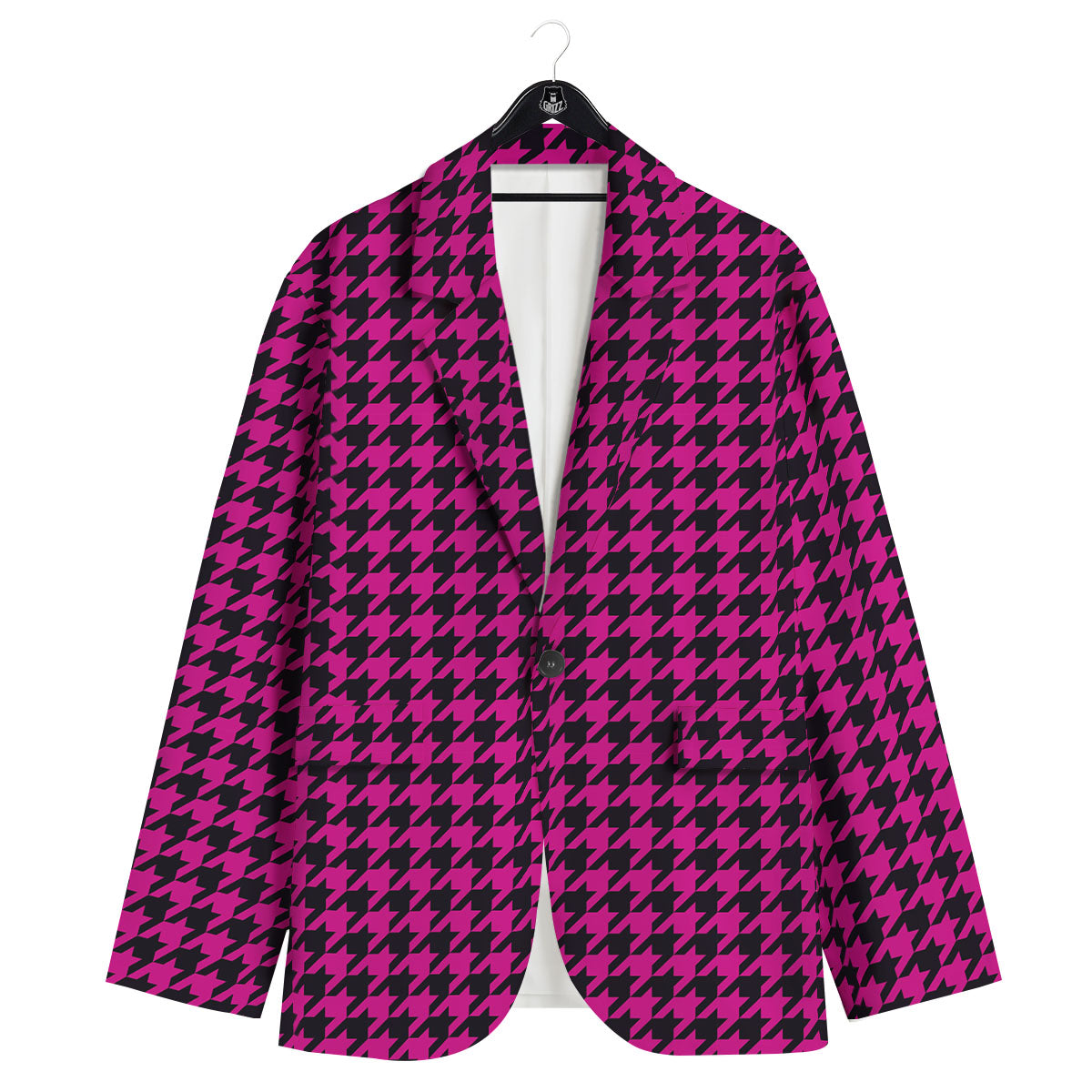 Houndstooth Black And Pink Magenta Print Men's Sport Coat-grizzshop