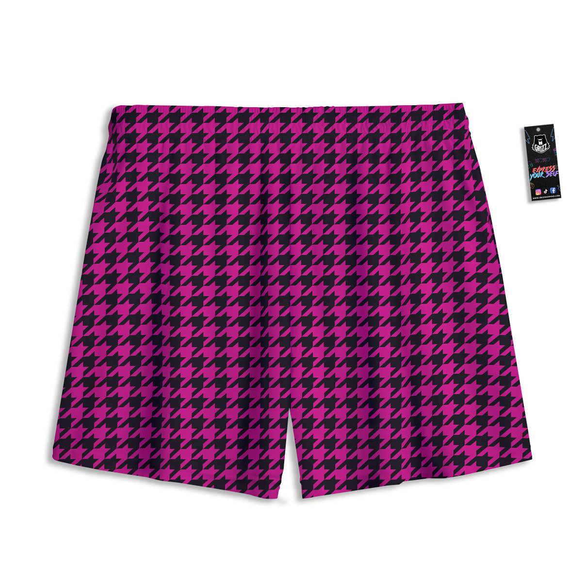 Houndstooth Black And Pink Magenta Print Mesh Shorts