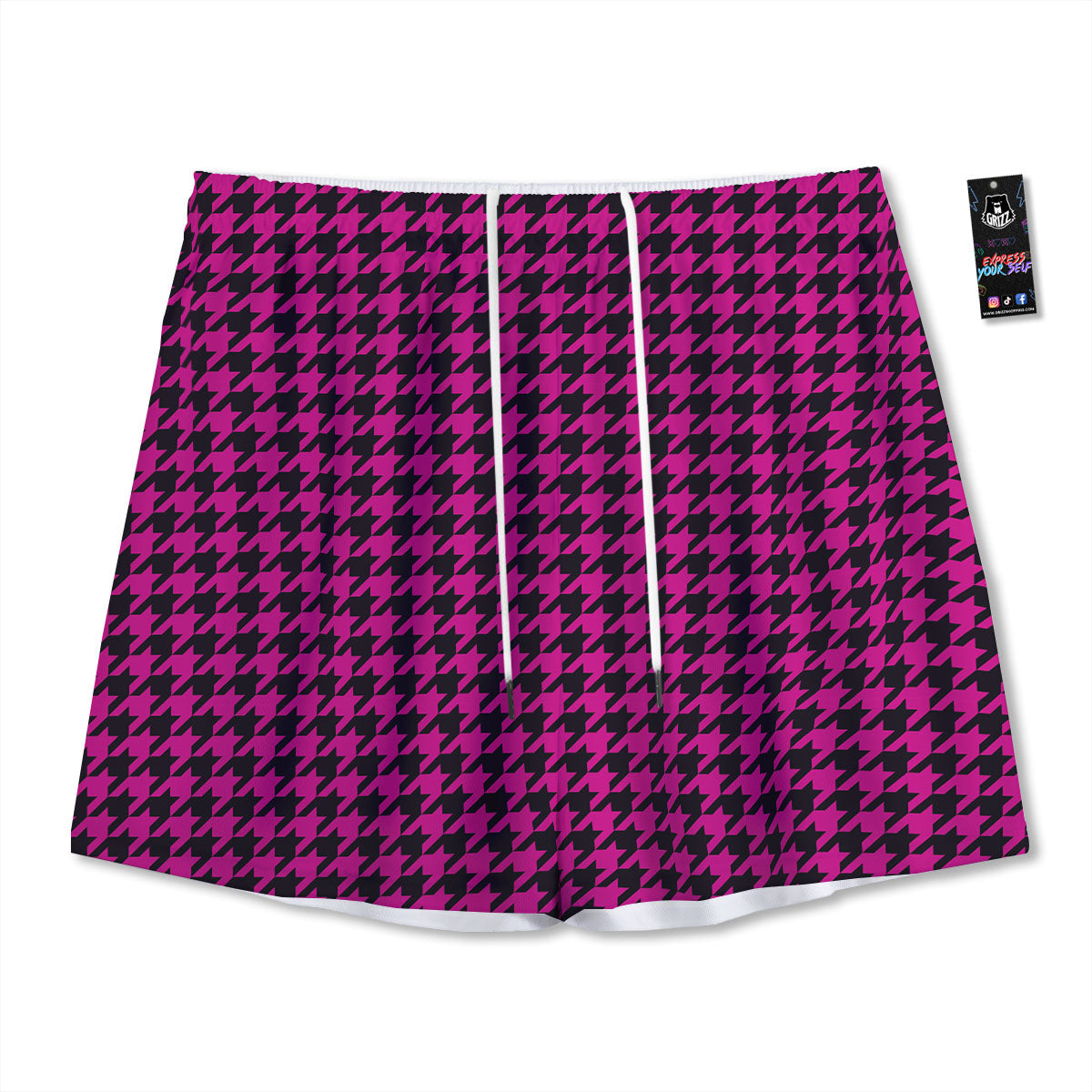 Houndstooth Black And Pink Magenta Print Mesh Shorts