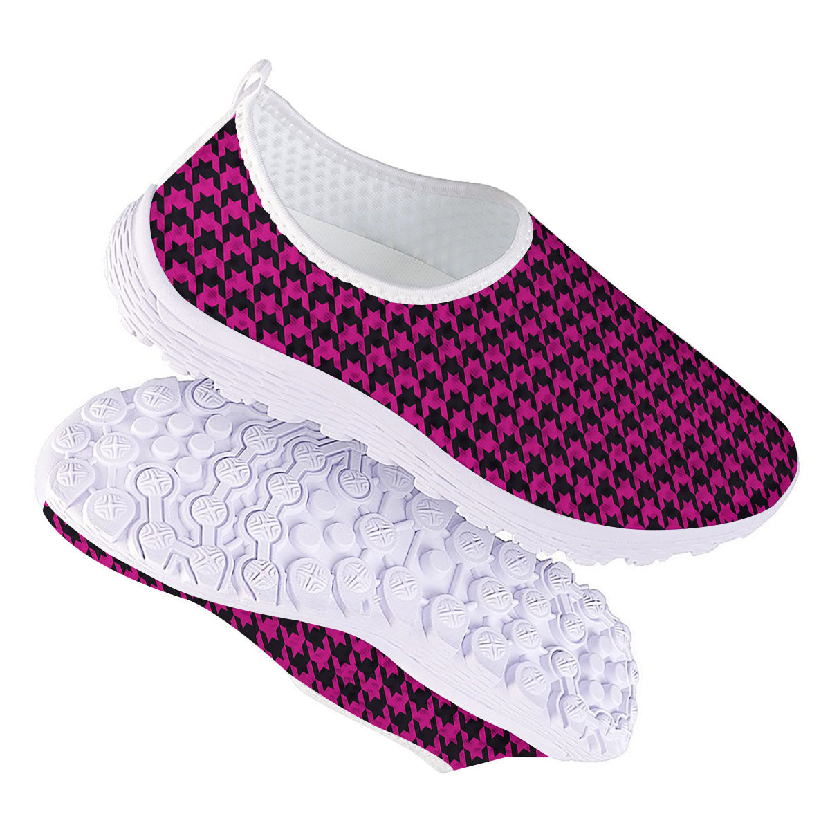 Houndstooth Black And Pink Magenta Print Nurse Shoes-grizzshop