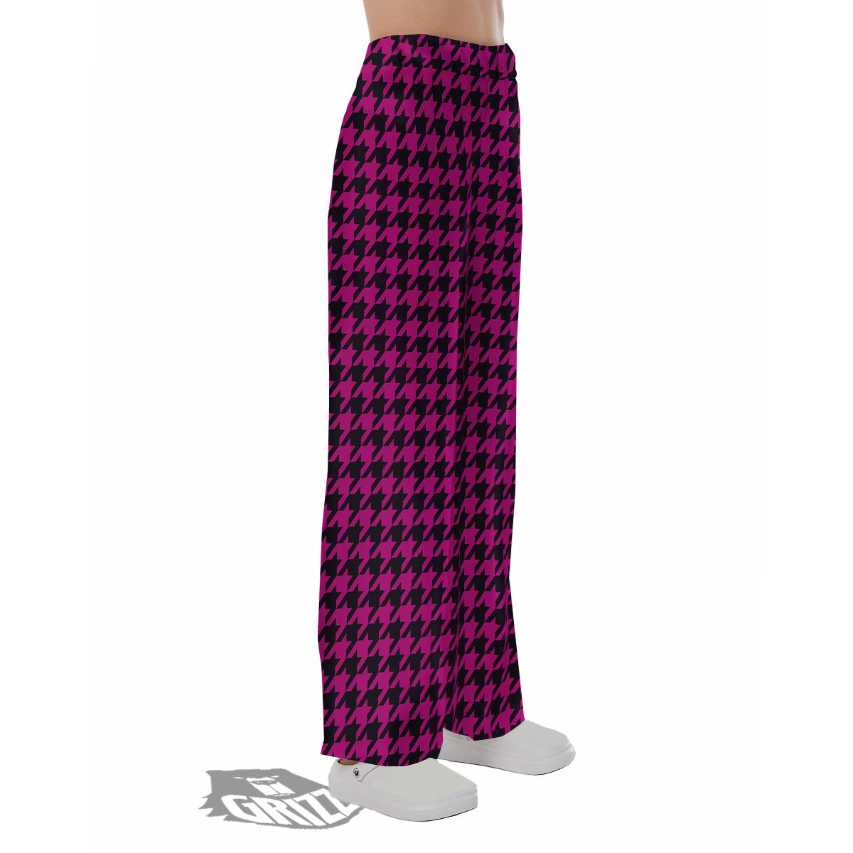 Houndstooth Black And Pink Magenta Print Pajama Pants-grizzshop