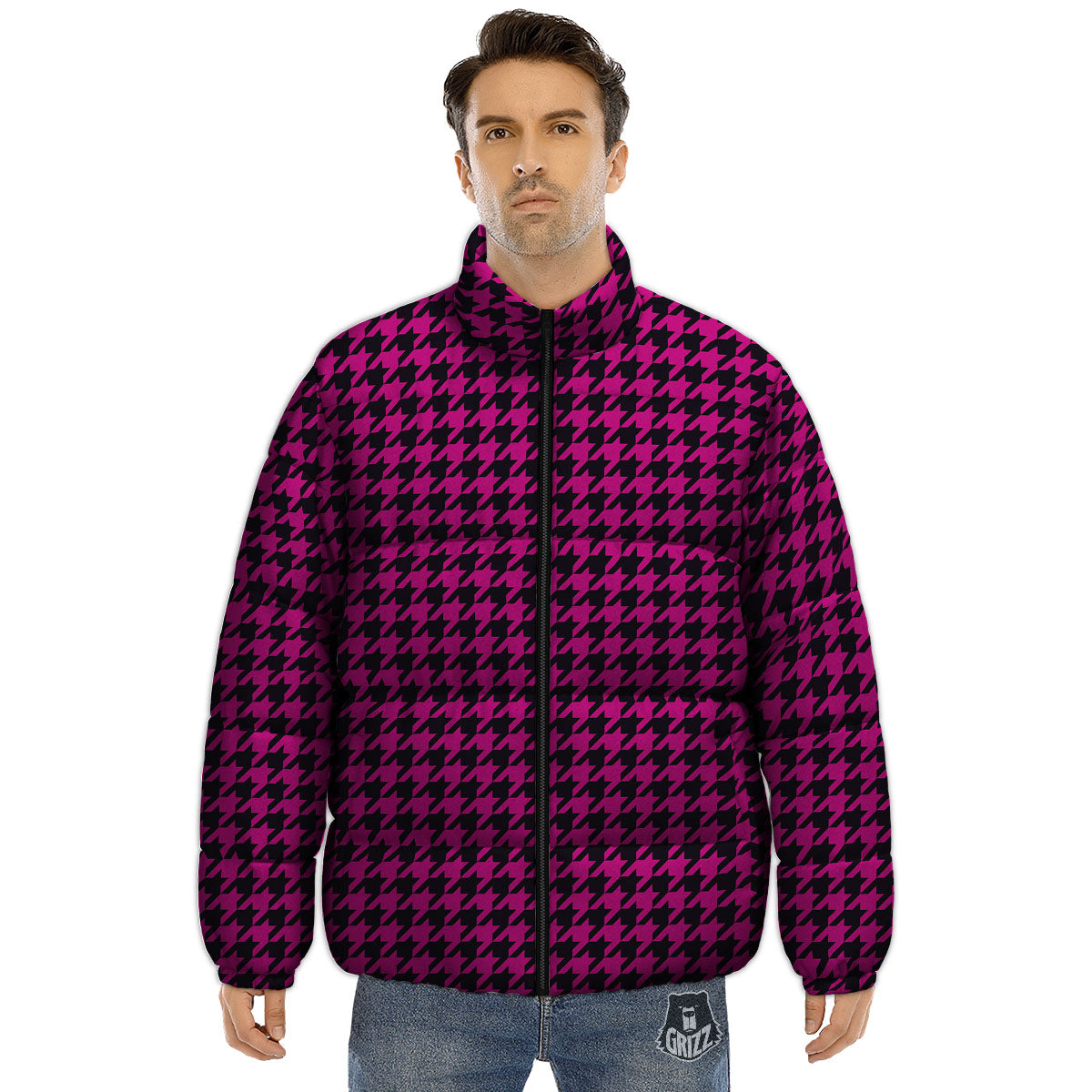 Houndstooth Black And Pink Magenta Print Puffer Jacket-grizzshop