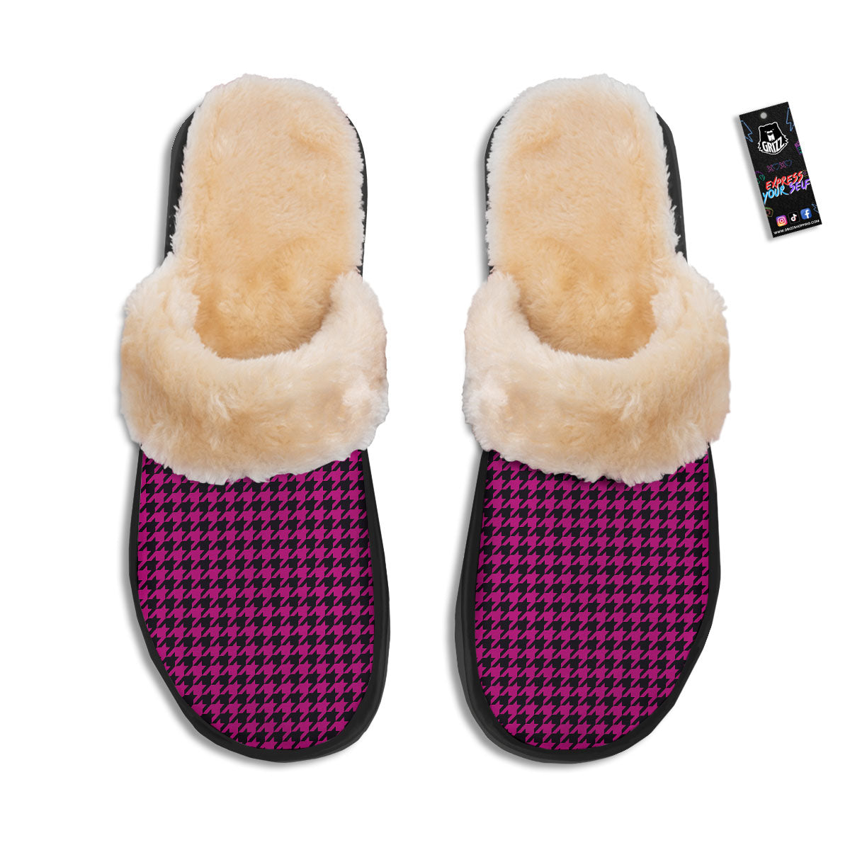Houndstooth Black And Pink Magenta Print Slippers-grizzshop