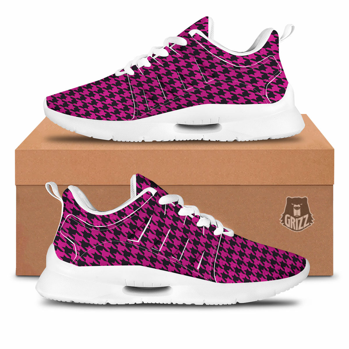 Houndstooth Black And Pink Magenta Print Tennis Shoes-grizzshop
