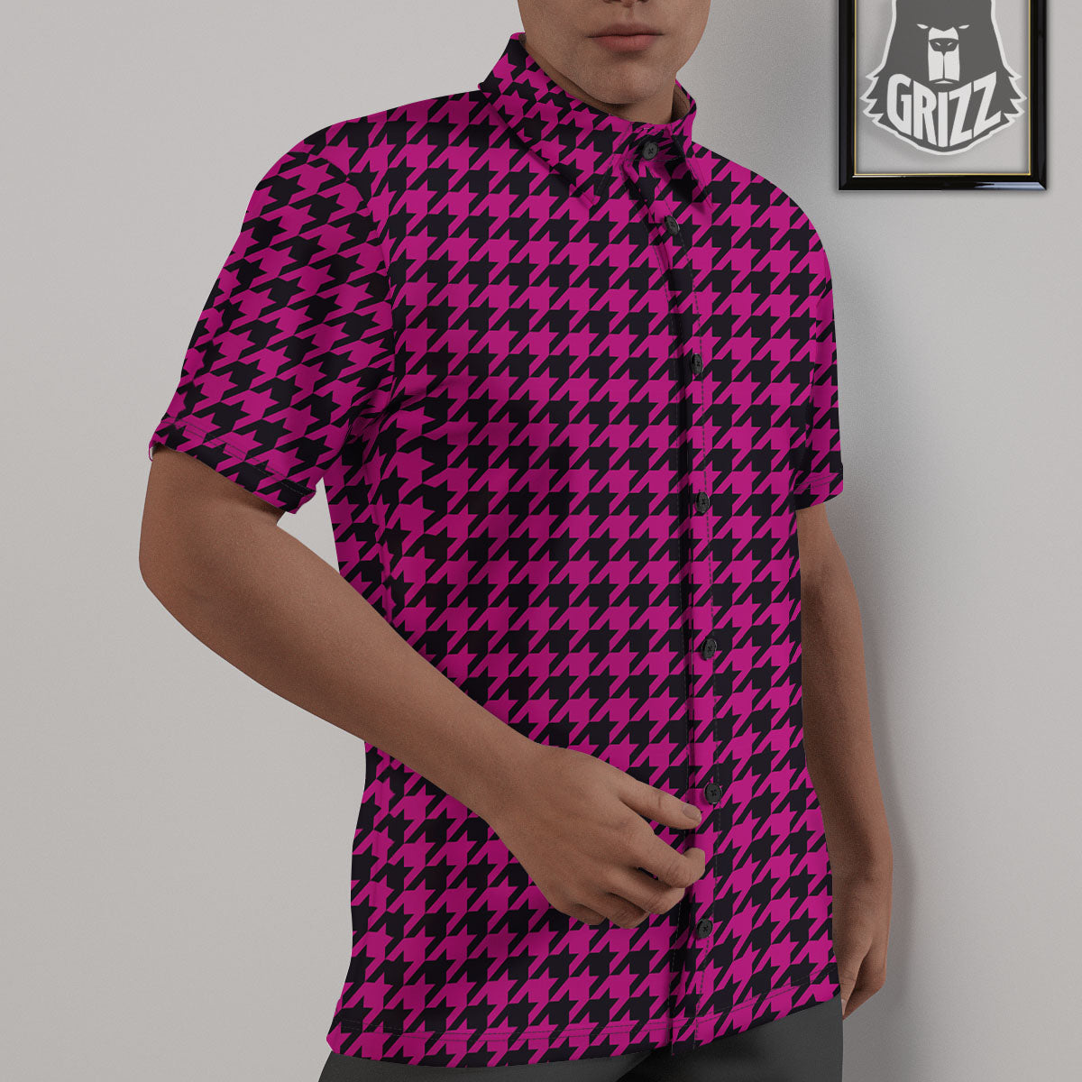 Houndstooth Black And Pink Magenta Print Untucked Shirts-grizzshop