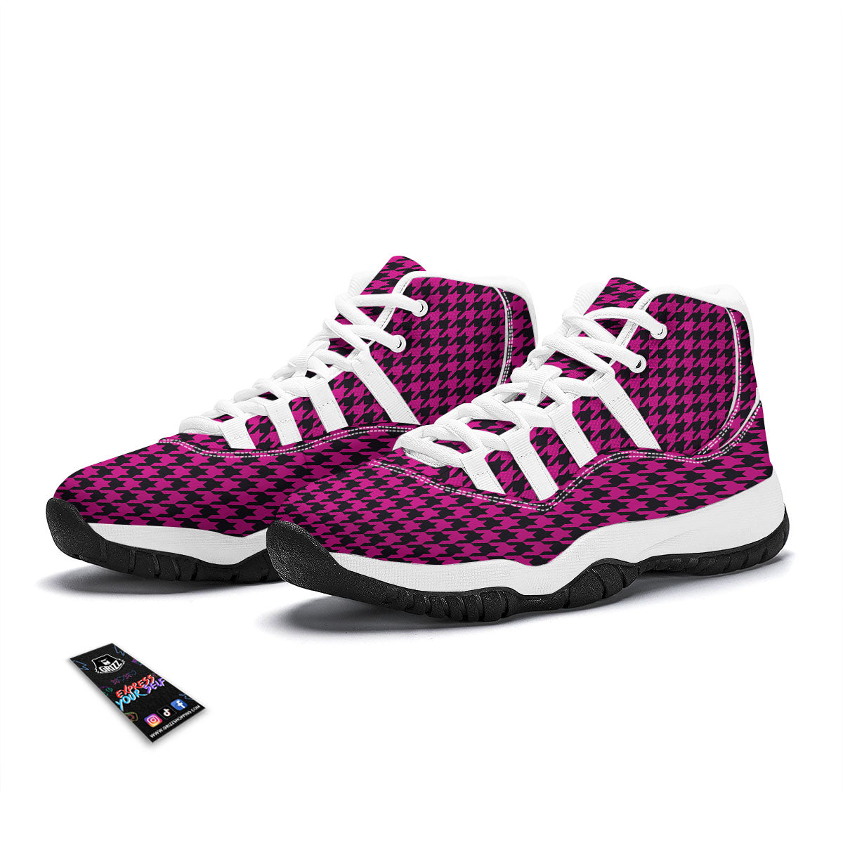Houndstooth Black And Pink Magenta Print White Bball Shoes-grizzshop