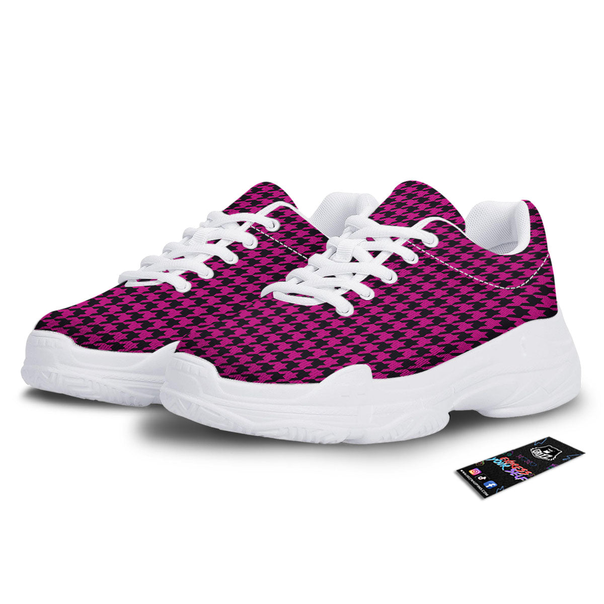 Houndstooth Black And Pink Magenta Print White Chunky Shoes-grizzshop