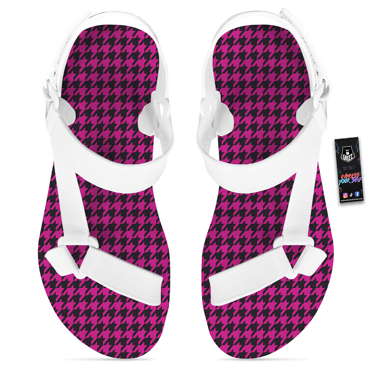 Houndstooth Black And Pink Magenta Print White Open Toe Sandals-grizzshop