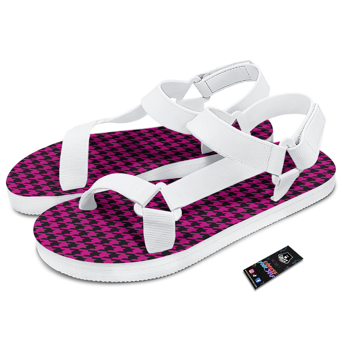 Houndstooth Black And Pink Magenta Print White Open Toe Sandals-grizzshop