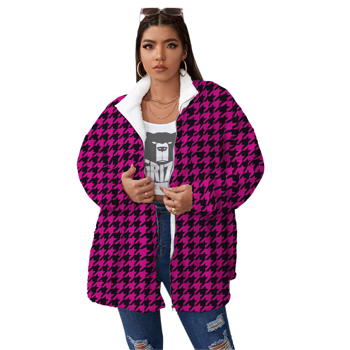Houndstooth Black And Pink Magenta Print Women's Sherpa Jacket-grizzshop