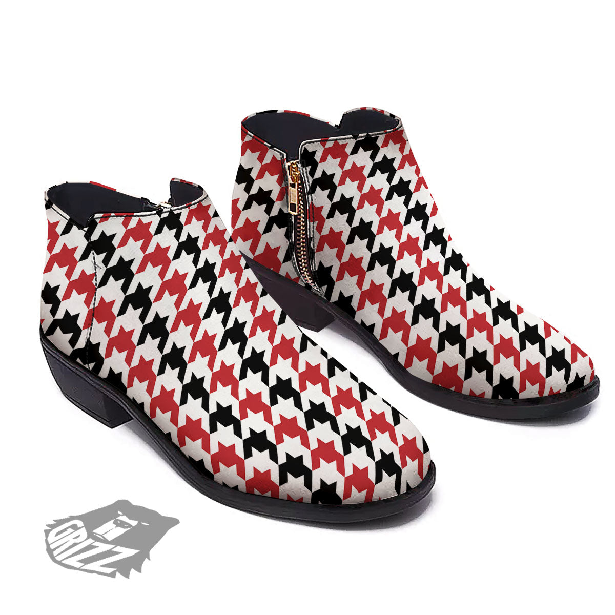 Houndstooth Black And Red Print Pattern Ankle Boots-grizzshop