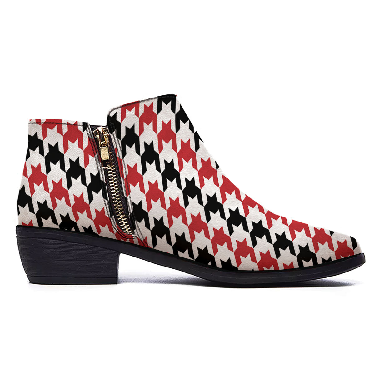 Houndstooth Black And Red Print Pattern Ankle Boots-grizzshop