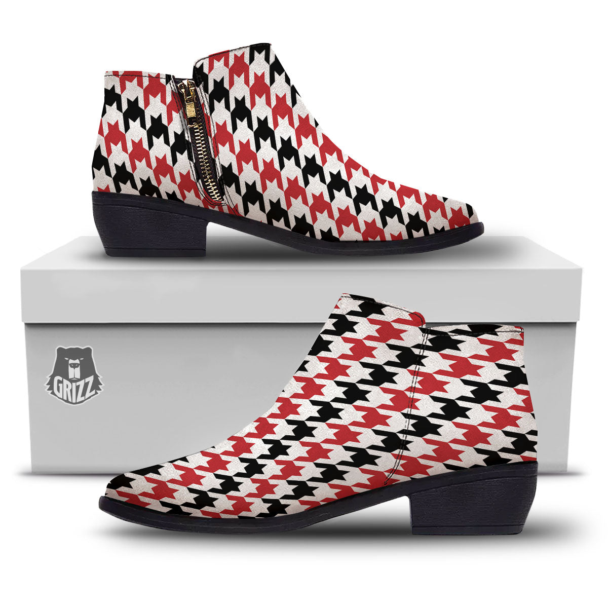Houndstooth Black And Red Print Pattern Ankle Boots-grizzshop
