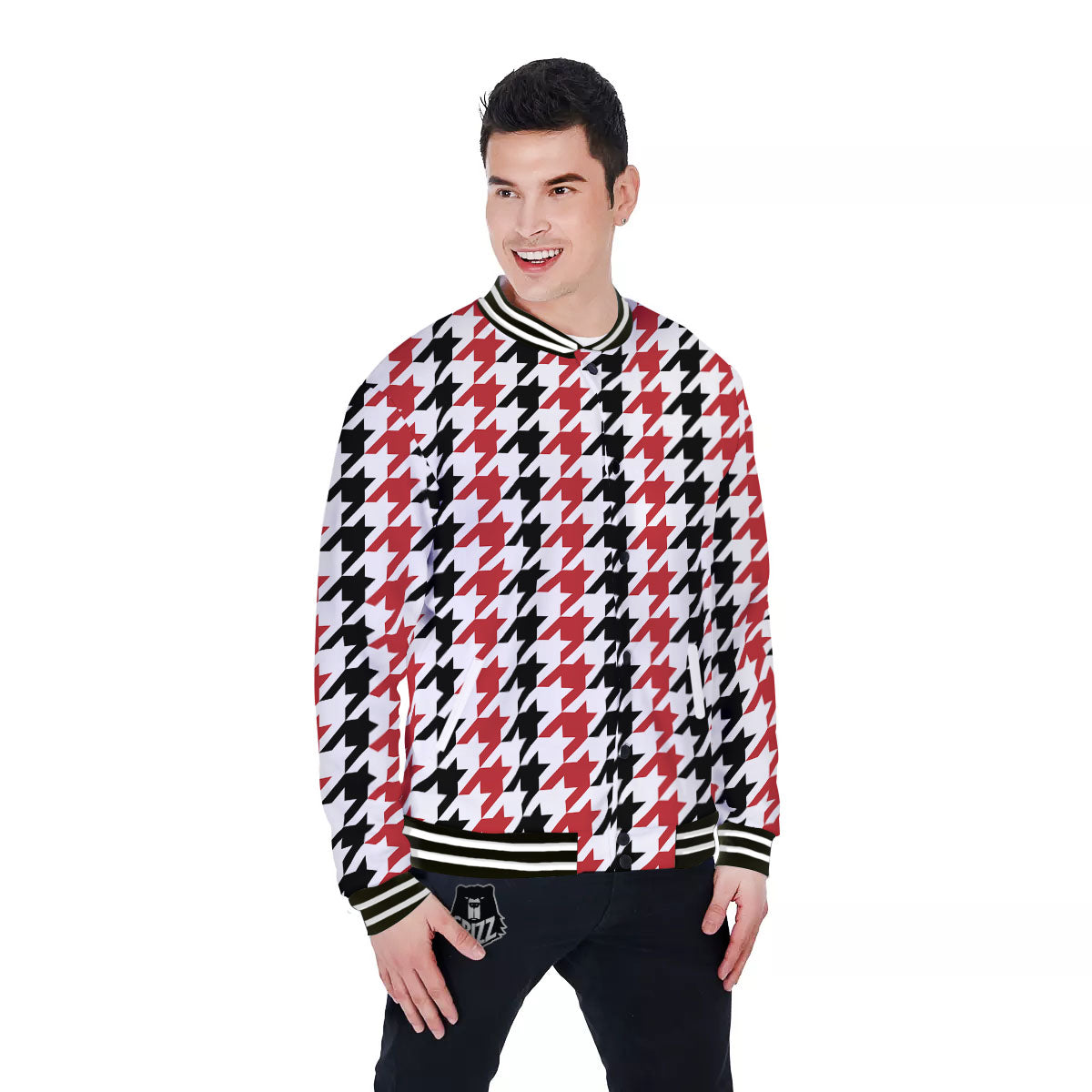 Houndstooth Black And Red Print Pattern Baseball Jacket-grizzshop