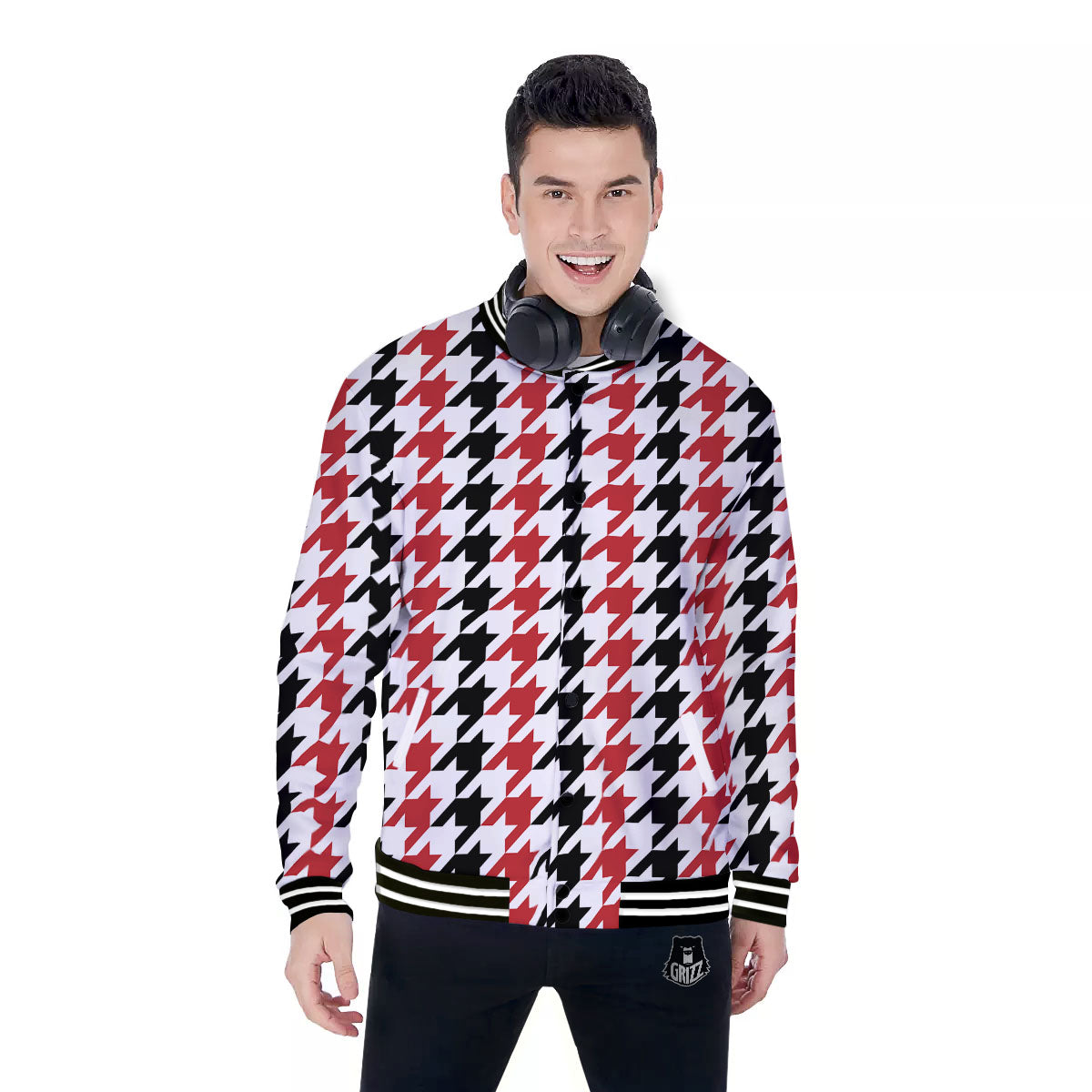 Houndstooth Black And Red Print Pattern Baseball Jacket-grizzshop