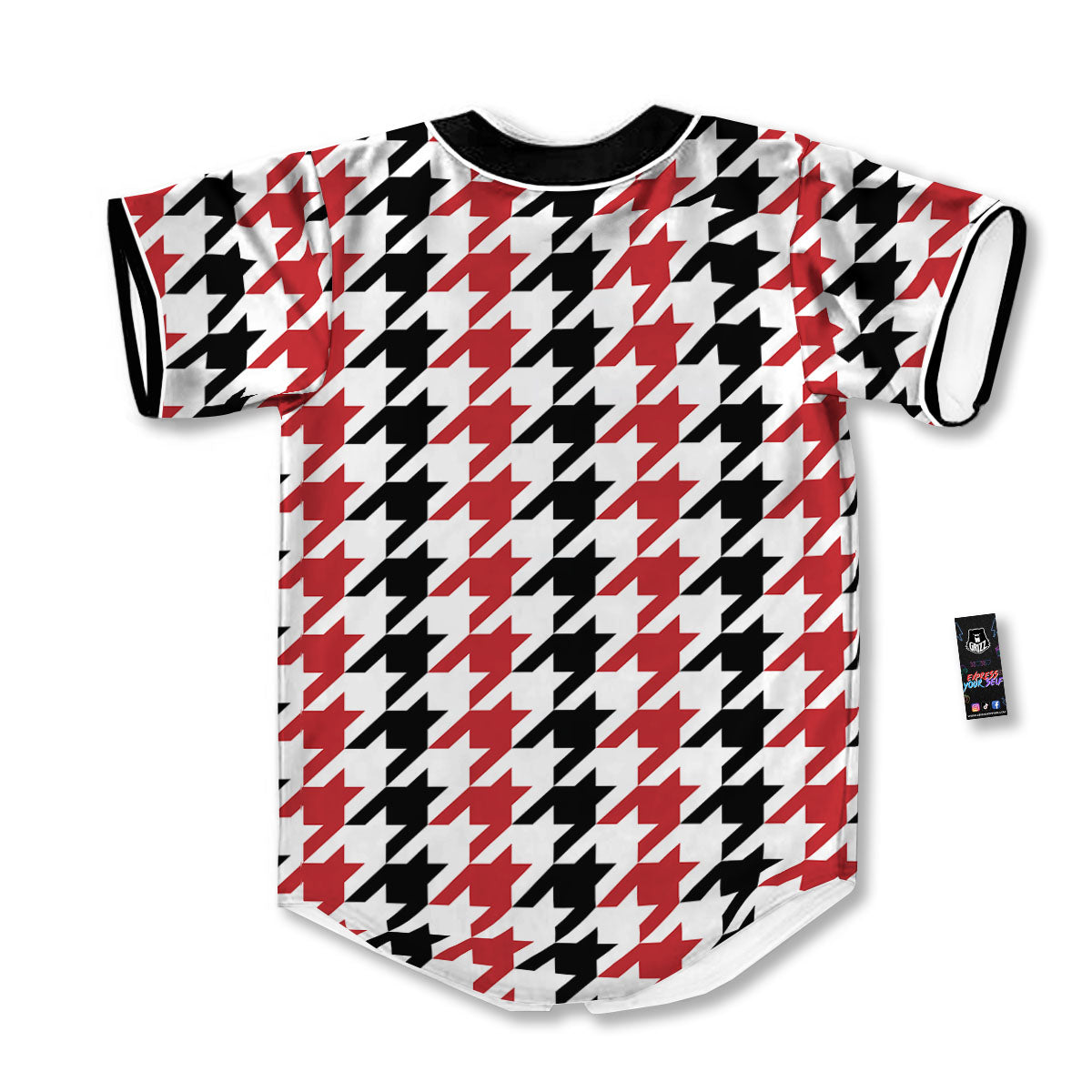 Houndstooth Black And Red Print Pattern Baseball Jersey-grizzshop