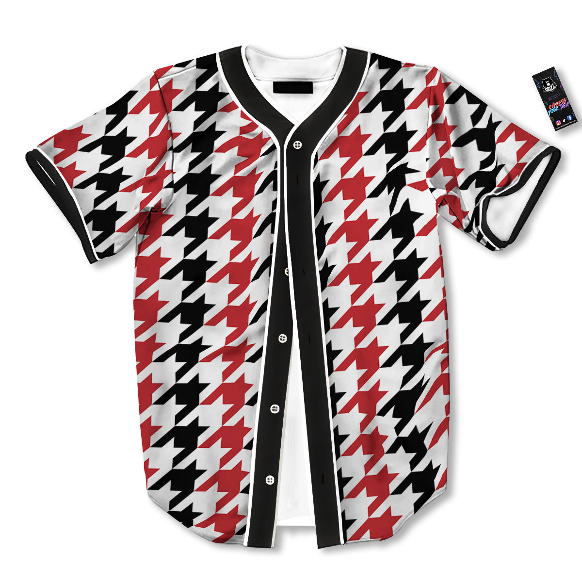 Houndstooth Black And Red Print Pattern Baseball Jersey-grizzshop