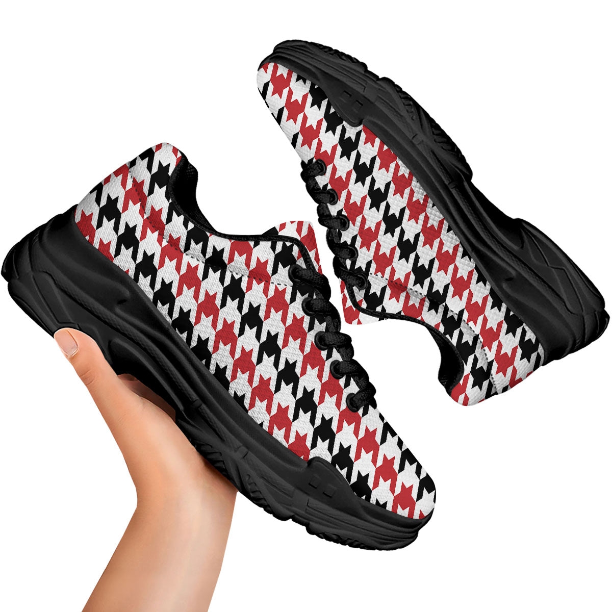 Houndstooth Black And Red Print Pattern Black Chunky Shoes-grizzshop