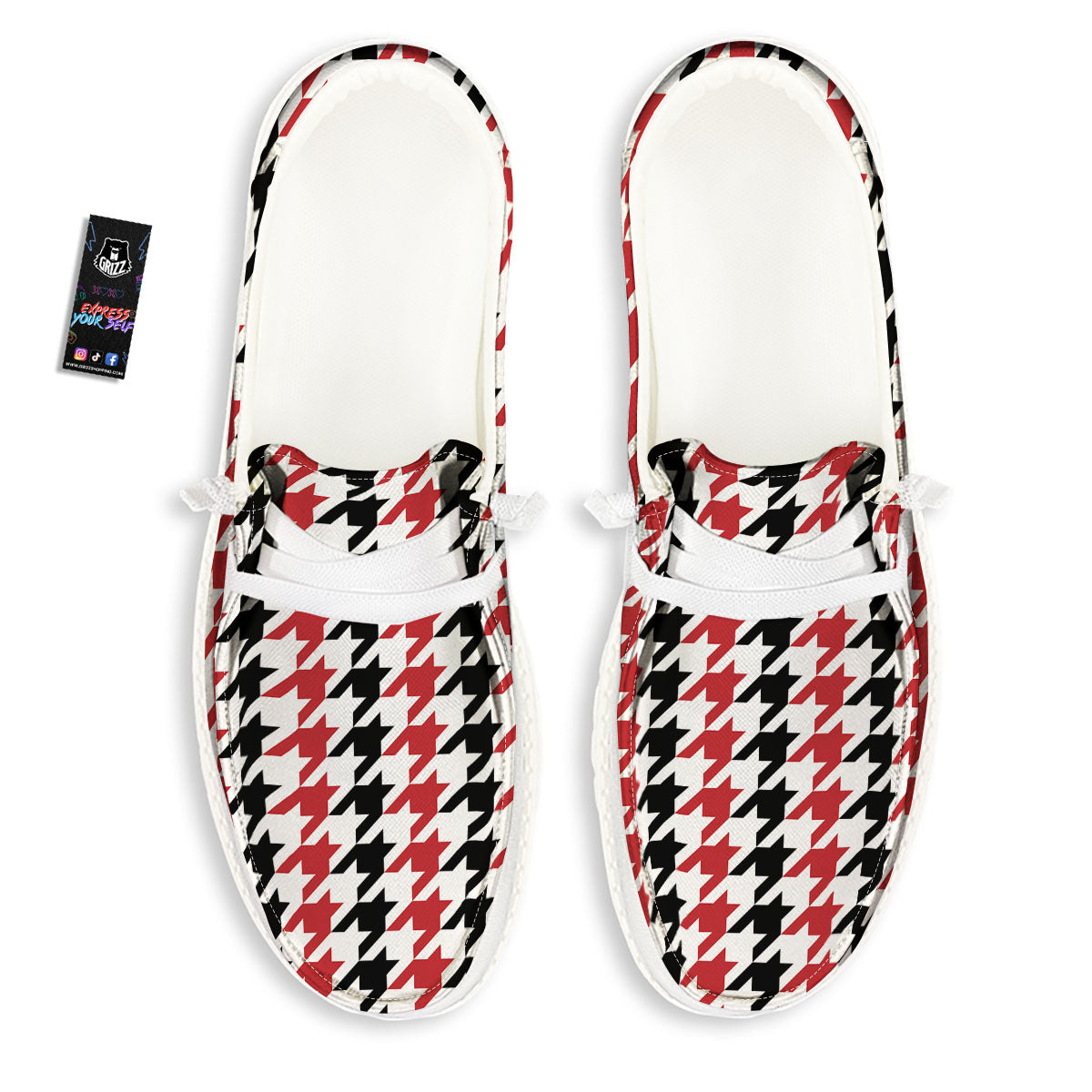 Houndstooth Black And Red Print Pattern Black Loafers-grizzshop