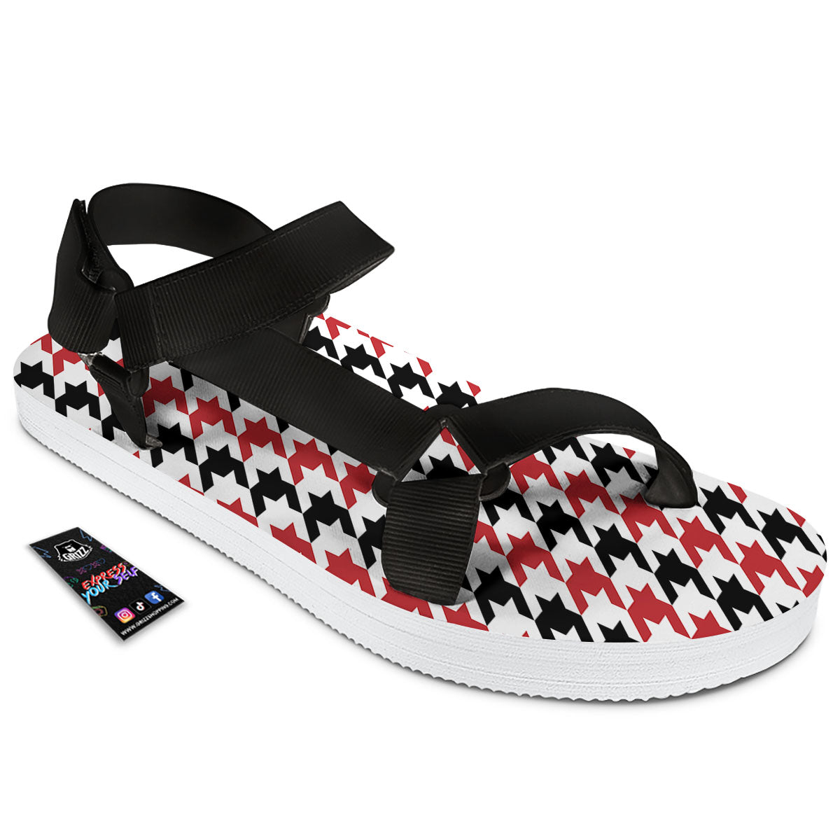 Houndstooth Black And Red Print Pattern Black Open Toe Sandals-grizzshop
