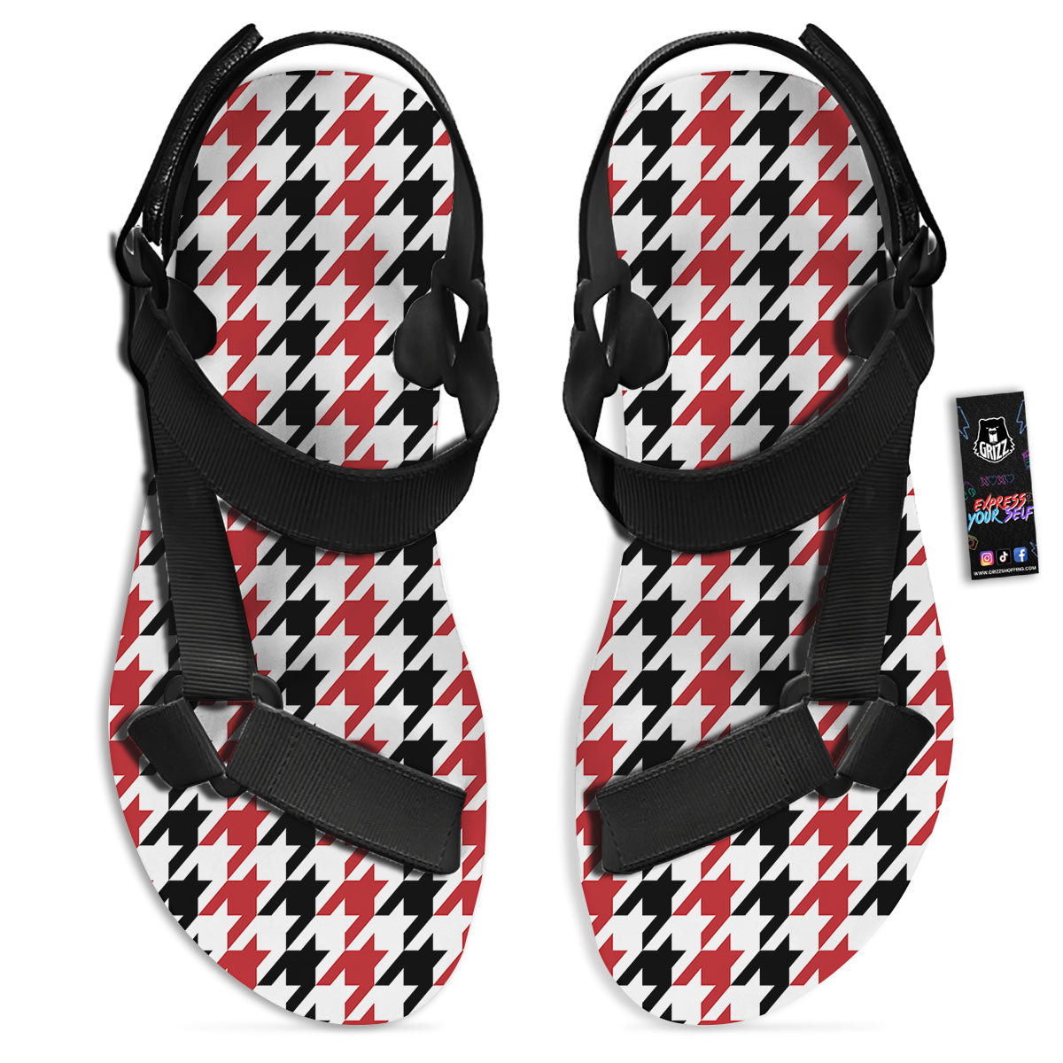 Houndstooth Black And Red Print Pattern Black Open Toe Sandals-grizzshop